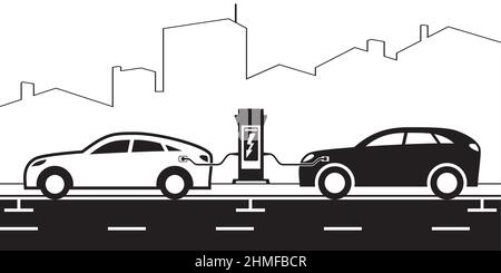 Electric vehicles at charging station on street in town – vector illustration Stock Vector