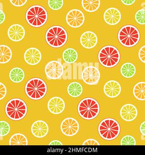 Citrus variety seamless pattern. Bright wallpaper texture with orange, lemon, lime, grapefruit. Sweet juicy background Stock Vector