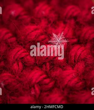 Macro close up of single snowflake against red wool background. Stock Photo