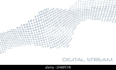 Binary digital stream. Wavy line of ones and zeros. Vector graphic illustration Stock Vector