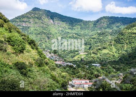 View of the surrounding villages and the beautiful Lake Atitlan in the Guatemalan highlands, Solola, Guatemala Stock Photo