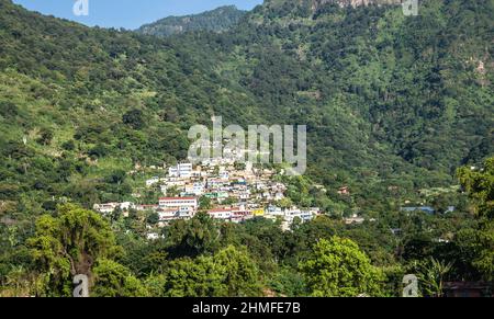 View of the surrounding villages and the beautiful Lake Atitlan in the Guatemalan highlands, Solola, Guatemala Stock Photo