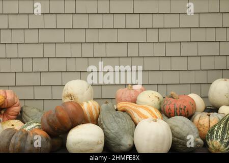 a pile of different colored gourds and pumpkins against a tan shingled building Stock Photo