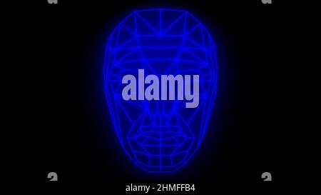 Illustration of a blue neon polygonal face on a black background Stock Photo