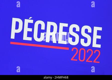 Paris, France. 09th Feb, 2021. Campaign logo Illustration during the meeting of Les Republicains (LR) party's presidential candidate Valerie Pecresse's support committees, at the Maison de la Chimie, in Paris, France on February 9, 2022. Credit: Victor Joly/Alamy Live News Stock Photo