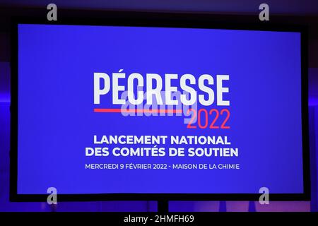 Paris, France. 09th Feb, 2021. Campaign logo Illustration during the meeting of Les Republicains (LR) party's presidential candidate Valerie Pecresse's support committees, at the Maison de la Chimie, in Paris, France on February 9, 2022. Credit: Victor Joly/Alamy Live News Stock Photo