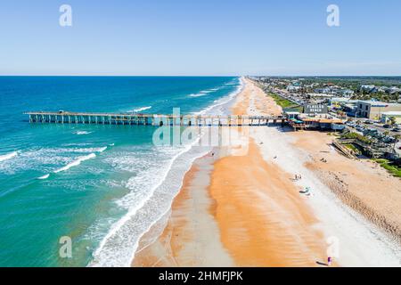 Flagler Beach Florida,pier water Atlantic Ocean,aerial overhead view from above sand public Stock Photo