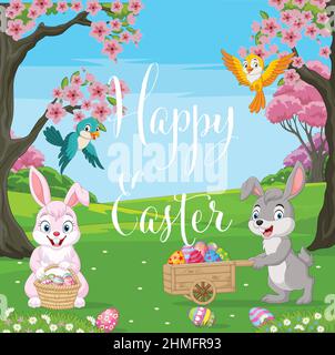 Happy little bunnies cartoon with birds in the spring forest Stock Vector