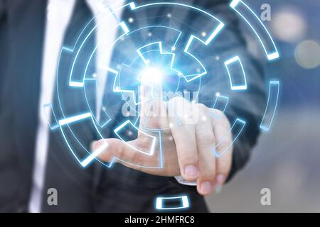 Creating innovative technologies. Business hand touching on data network connection. Science and artificial intelligence technology. Concept of innova Stock Photo