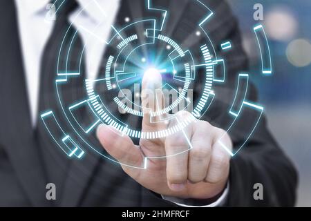 Creating innovative technologies. Business hand touching on data network connection. Science and artificial intelligence technology. Concept of innova Stock Photo