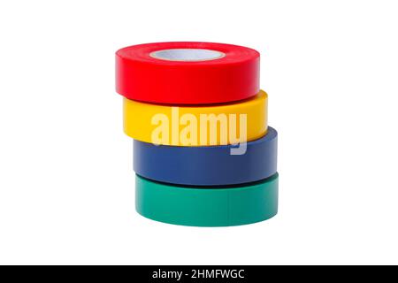 Stack of rolls of multicolored pvc electrical tape isolated on white Stock Photo