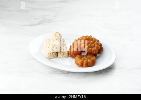 Gangjeong Rice Puff and Yakgwa Honey Cookies, Korean Sweet Food, Selective Focus Stock Photo