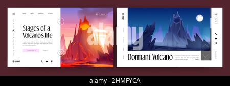 Banners of active and dormant volcanoes. Vector landing pages of volcanic stages with cartoon illustration of mountain with flows of hot lava and smoke and rock with crater at night Stock Vector