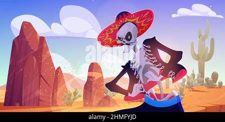 Skeleton mariachi musician in wild west desert landscape with sand, rocks and cacti. Dia de los muertos Mexican Day of dead cartoon character in traditional clothes and sombrero, Vector illustration Stock Vector