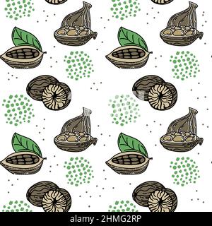 A seamless pattern of spices, condiments for food and drink. Hand-drawn, doodle-style elements. Cardamom, cacao beans, and nutmeg. Stock Vector