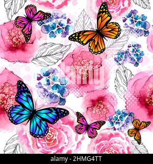 Seamless background watercolor flowers with butterflies . Vector illustration Stock Vector
