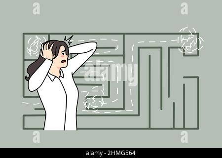 Anxious businesswoman confused of finding way in labyrinth. Worried unhappy scared woman frustrated by quest way, looking for solution or solving problem. Flat vector illustration.  Stock Vector