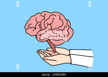 Person hand hold brain explore human body organ. Doctor or neurologist work on neurology mind issues. Neuroscience and healthcare concept. Flat vector illustration.  Stock Vector