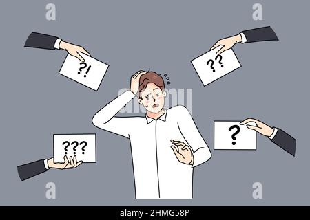 Confused young man with question marks around winder about problem solution. Frustrated guy feel confusion think about solving issue. Dilemma and frustration. Vector illustration.  Stock Vector