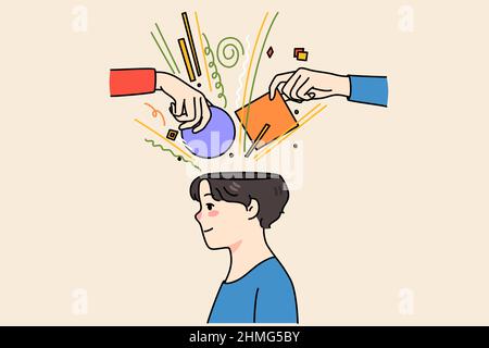 People hands put object in person head help with brainstorming or thinking process. Guy involved in solving problems or issues. Search for solution concept. Flat vector illustration.  Stock Vector
