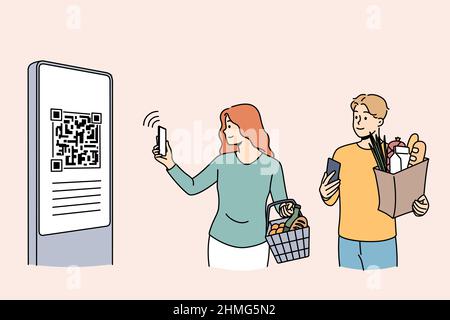 Online payment and qr code concept. Young couple standing holding bags with food paying online with smartphone on qr code vector illustration  Stock Vector