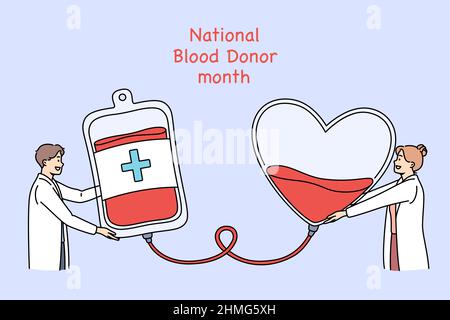 National blood donor month concept. Positive young doctors man and woman standing and holding heart and donation box for blood in hands with lettering above vector illustration  Stock Vector