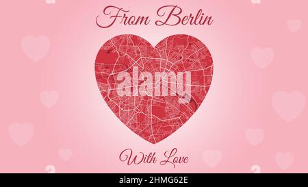 From Berlin with love card, city map in heart shape. Horizontal Pink and red color vector illustration. Love city travel cityscape. Stock Vector