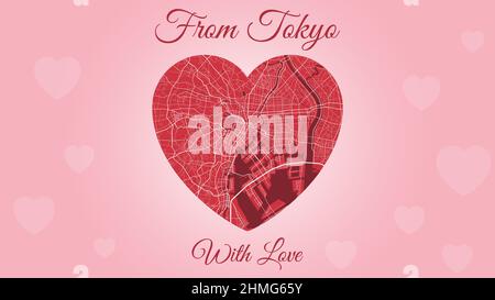 From Tokyo with love card, city map in heart shape. Horizontal Pink and red color vector illustration. Love city travel cityscape. Stock Vector