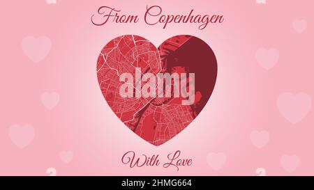 From Copenhagen with love card, city map in heart shape. Horizontal Pink and red color vector illustration. Love city travel cityscape. Stock Vector