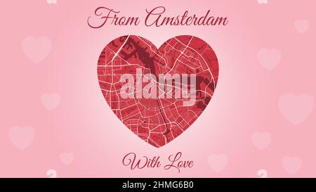 From Amsterdam with love card, city map in heart shape. Horizontal Pink and red color vector illustration. Love city travel cityscape. Stock Vector