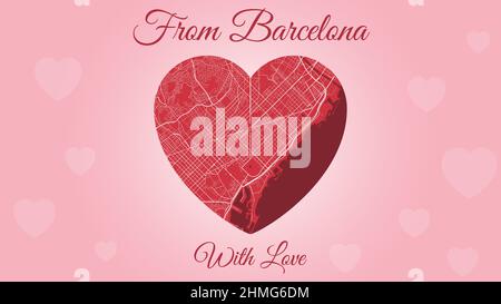 Happy Valentine's day horizontal holiday card with Barcelona map in heart shape. Pink and red color vector illustration. Love city travel cityscape. Stock Vector