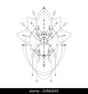 Vector illustration with hand drawn stag beetle and Sacred geometric symbol on white background. Abstract mystic sign. Black linear shape. For you des Stock Vector