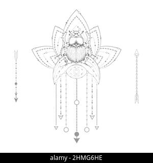 Vector illustration with hand drawn scarab and Sacred symbol on white background. Abstract mystic sign. Black linear shape. For you design, tattoo or Stock Vector