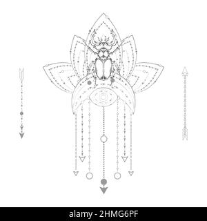 Vector illustration with hand drawn stag beetle and Sacred geometric symbol on white background. Abstract mystic sign. Black linear shape. For you des Stock Vector
