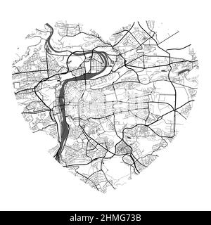 Heart shaped Prague city vector map. Black and white colors illustration. Roads, streets, rivers. Stock Vector