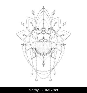 Vector illustration with hand drawn scarab and Sacred symbol on white background. Abstract mystic sign. Black linear shape. For you design, tattoo or Stock Vector