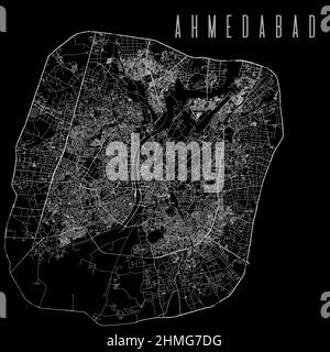 Ahmedabad city province vector map poster. India municipality square linear road map, administrative municipal area, white lines on black background, Stock Vector