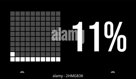 11 percent diagram, eleven percentage vector infographic. Rounded rectangles forming a square chart. White color on black background. Stock Vector