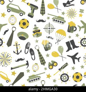Seamless vector pattern of military icons on a white background. Wrapping paper. Stock Vector
