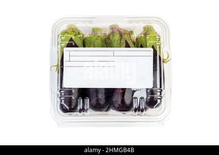 Packed and labeled mini eggplant on an isolated white background Stock Photo