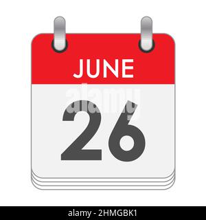 JUNE 26. A leaf of the flip calendar with the date of JUNE 26. Flat style. Stock Vector