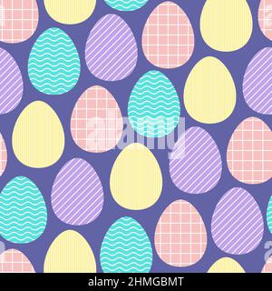 Seamless vector Happy Easter pattern. Painted color Eggs with neutral geometric ornaments on very peri background. Festive spring stripes, lines, grid Stock Vector