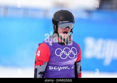 Zhangjiakou, China's Hebei Province. 10th Feb, 2022. Alessandro Haemmerle of Austria reacts after men's snowboard cross final at Genting Snow Park in Zhangjiakou, north China's Hebei Province, Feb. 10, 2022. Credit: Xue Yubin/Xinhua/Alamy Live News Stock Photo