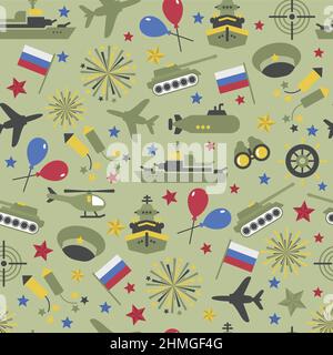 Seamless vector pattern of military icons on a white background. Wrapping paper. Stock Vector