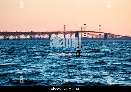 Windsurfer on the Chesapeake Bay from Terrapin Nature Park in  Maryland. Stock Photo