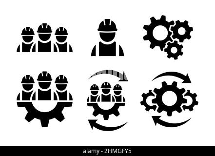 Construction workers icon set in flat. Building contractor symbol on white. Industrial workers with gear. Teamwork business icon. Abstract builders ic Stock Vector