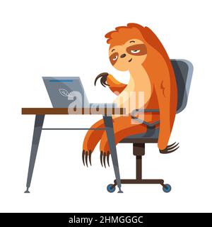 Lazy animal is programming on laptop. Sloth in cartoon style. Stock Vector
