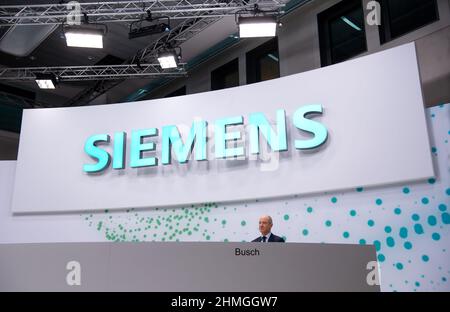 Munich, Germany. 10th Feb, 2022. Roland Busch, CEO of Siemens AG, sits on stage during the virtual Annual Shareholders' Meeting. Credit: Sven Hoppe/dpa/Alamy Live News Stock Photo