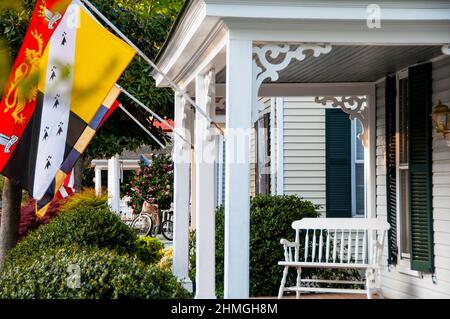 Victorian style cottages in the waterside town of Oxford, Maryland on the Chesapeake Bay. Stock Photo