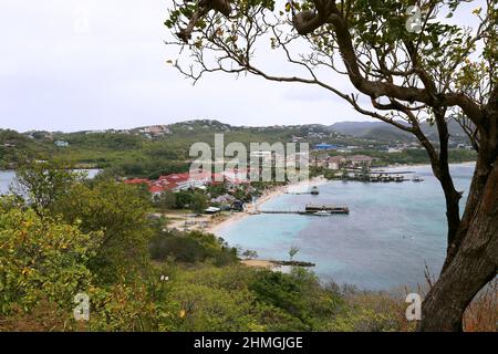 Sandals and Landings resorts from Pigeon Island, Rodney Bay, Gros Islet, Saint Lucia, Windward Islands, Lesser Antilles, West Indies, Caribbean Sea Stock Photo